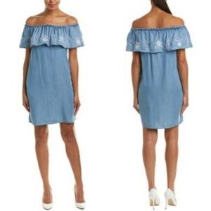 beachlunchlounge Rosella Off Shoulder Chambray Embroidered Shift Dress